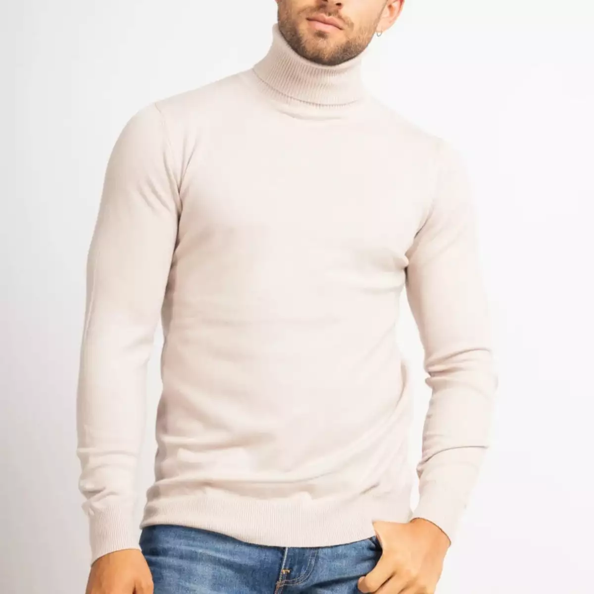 Pull col roule beige